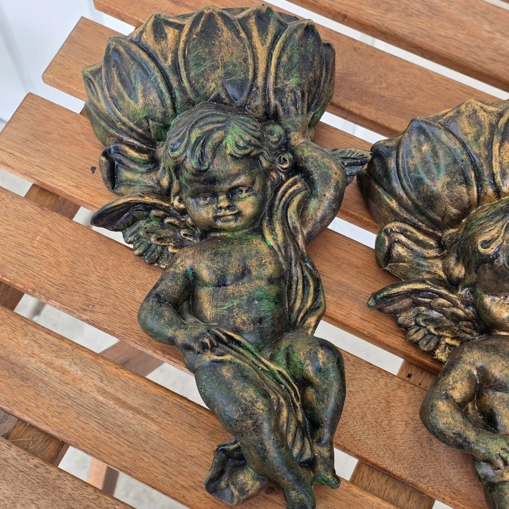 Vtg Inarco Cherub Wall Pocket Set Gold Winged Angel Planter light weight patina